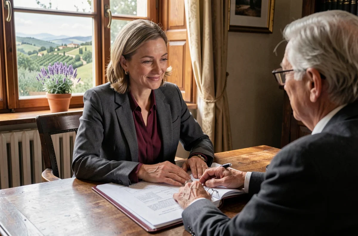 Conseillère de A Coeur Patrimoine accompagnant un couple de clients avec bienveillance
