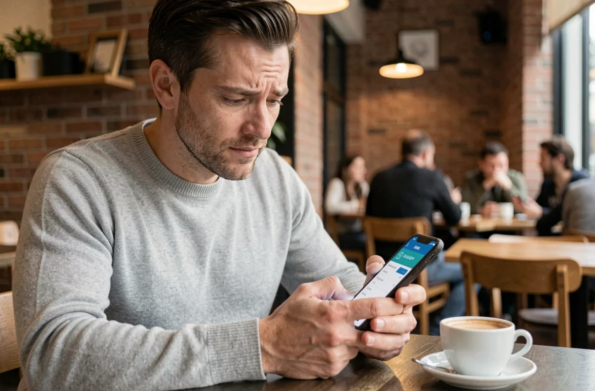 Homme consultant son application bancaire Cyberplus sur smartphone dans un café