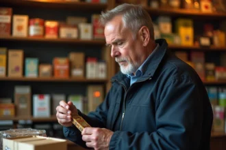 Client examinant une blague à tabac dans une boutique frontalière allemande, rayonnages de tabac à rouler visibles en arrière-plan