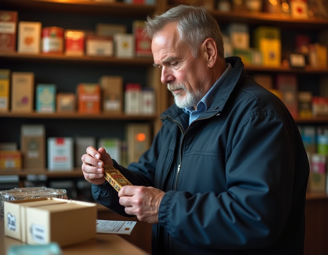 Client examinant une blague à tabac dans une boutique frontalière allemande, rayonnages de tabac à rouler visibles en arrière-plan