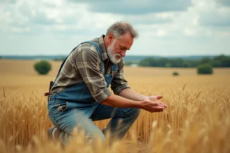 Agriculteur évaluant des grains de blé dans un champ au moment de la récolte, illustrant le prix du quintal de blé fermage 2026