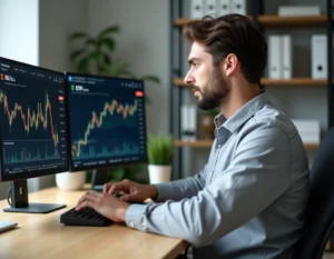 Homme analysant des graphiques de crypto-monnaies et d'ETF crypto sur deux écrans dans un bureau moderne