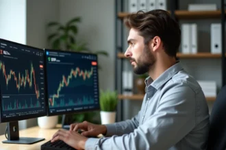Homme analysant des graphiques de crypto-monnaies et d'ETF crypto sur deux écrans dans un bureau moderne