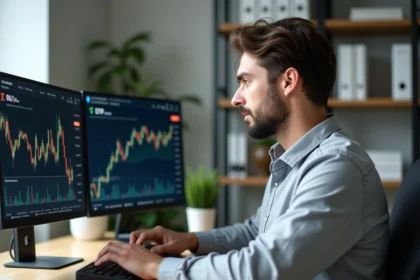 Homme analysant des graphiques de crypto-monnaies et d'ETF crypto sur deux écrans dans un bureau moderne