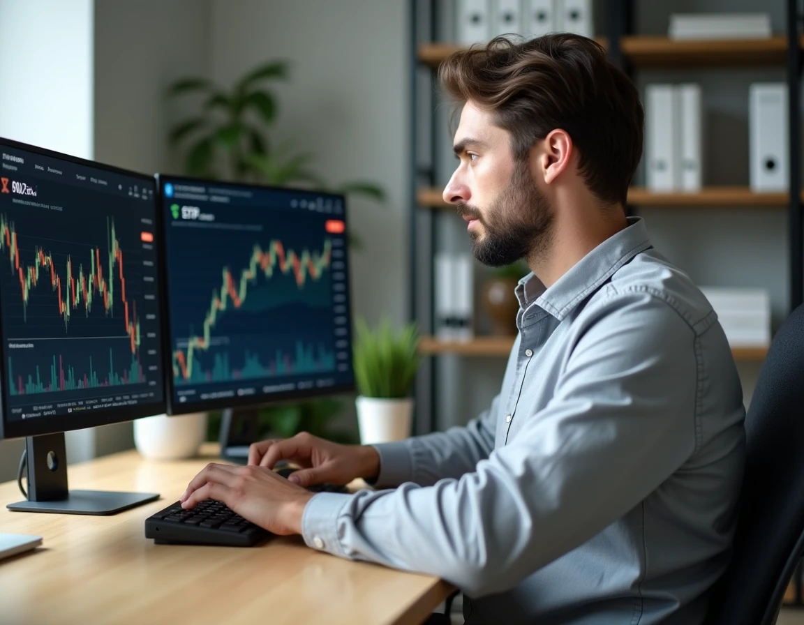 Homme analysant des graphiques de crypto-monnaies et d'ETF crypto sur deux écrans dans un bureau moderne
