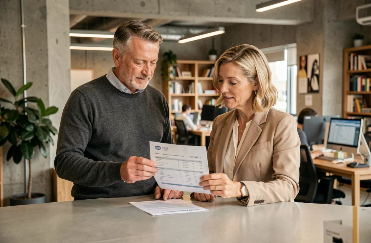 Deux professionnels analysant un relevé bancaire et les plafonds de virement dans un espace de coworking