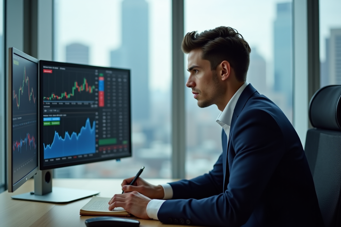 Jeune analyste financier au bureau avec écrans Solana