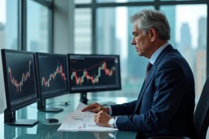 Analyste financier examinant des prévisions boursières pour 2026 dans un bureau moderne avec écrans de trading