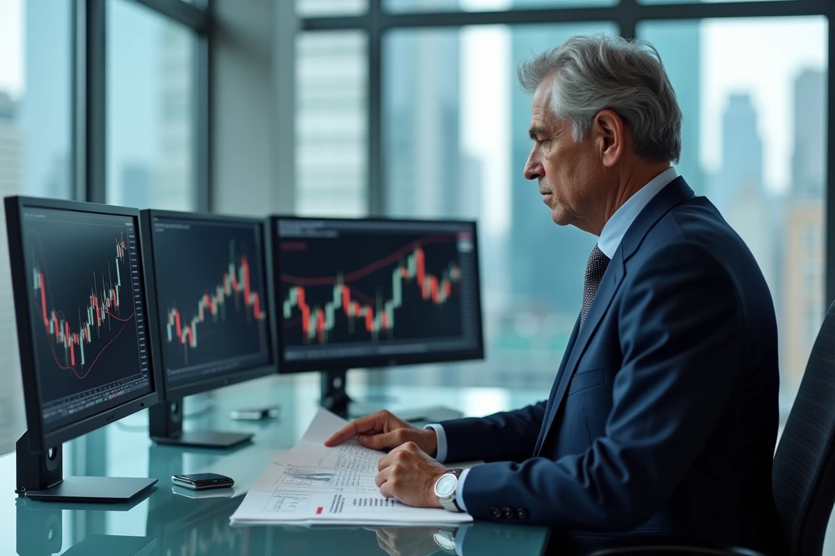 Analyste financier examinant des prévisions boursières pour 2026 dans un bureau moderne avec écrans de trading