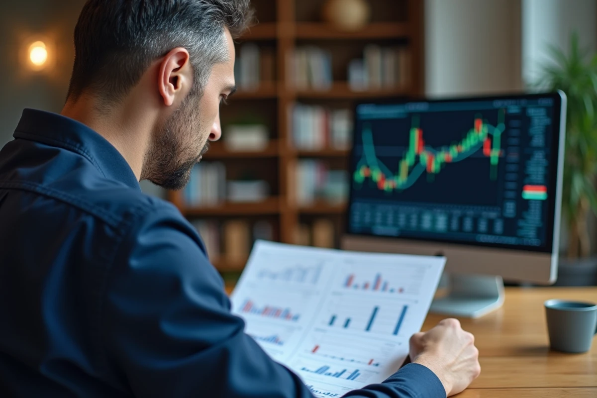Analyste financier examinant des graphiques de taux de référence CMS 10 ans sur un bureau en bois dans un bureau moderne