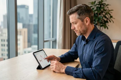 Analyste financier étudiant une prévision Bitcoin 2030 sur une tablette dans un bureau moderne