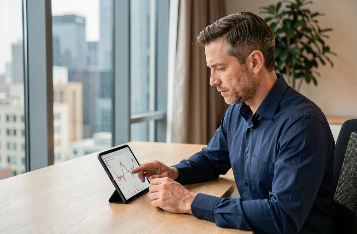 Analyste financier étudiant une prévision Bitcoin 2030 sur une tablette dans un bureau moderne