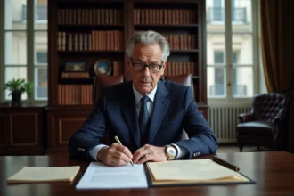 Homme en costume bleu marine dans un bureau bancaire privé parisien examinant des documents financiers, illustrant la discrétion et la fortune d'André-Louis Auzière