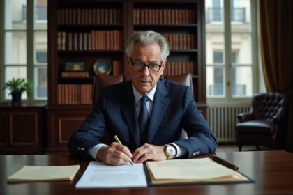 Homme en costume bleu marine dans un bureau bancaire privé parisien examinant des documents financiers, illustrant la discrétion et la fortune d'André-Louis Auzière