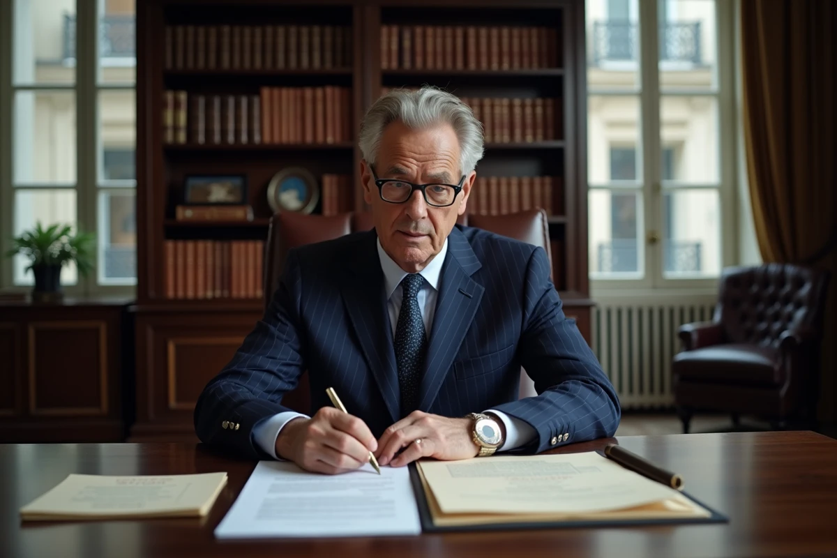 Homme en costume bleu marine dans un bureau bancaire privé parisien examinant des documents financiers, illustrant la discrétion et la fortune d'André-Louis Auzière