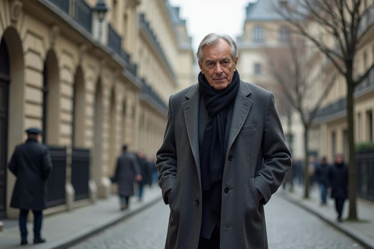 Homme distingué en manteau gris marchant seul dans une rue pavée d'un quartier huppé parisien, symbolisant la discrétion volontaire d'André-Louis Auzière loin des projecteurs