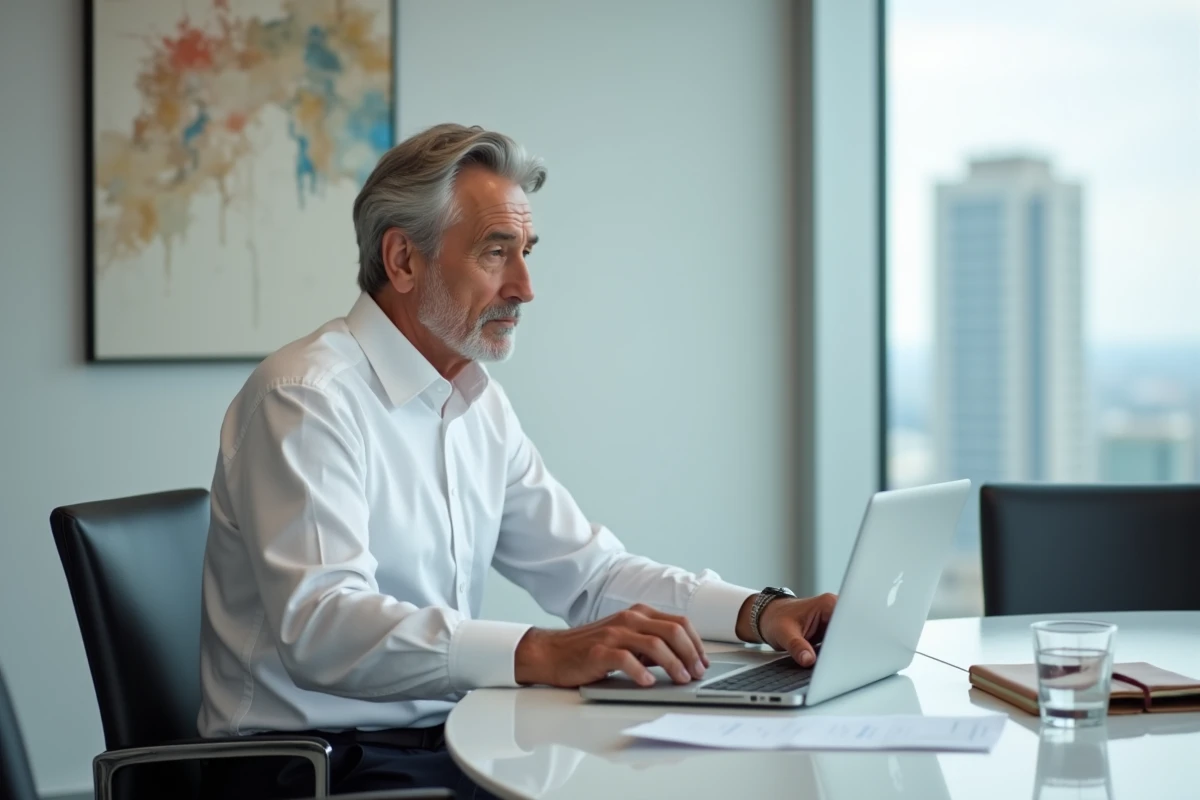 Homme élégant en chemise blanche étudiant des graphiques financiers dans une salle de réunion moderne et sobre, évoquant l'expertise bancaire discrète d'André-Louis Auzière