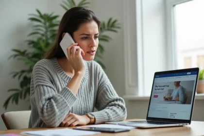 Femme en train d'appeler le service client Boursorama depuis son bureau à domicile en regardant son écran d'ordinateur