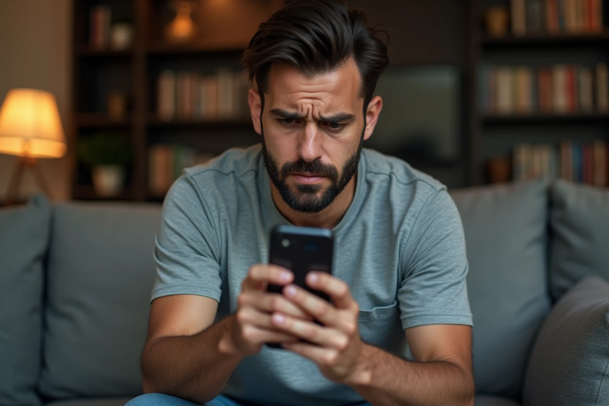 Homme consultant l'application mobile Cyberplus Banque Populaire Rives de Paris affichant une erreur de compte bloqué