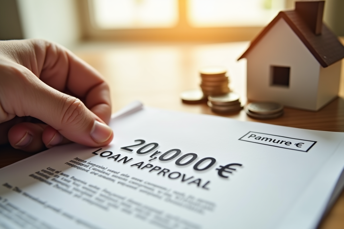 Main tenant un papier avec approbation de pret de 20000 euros et pièces d