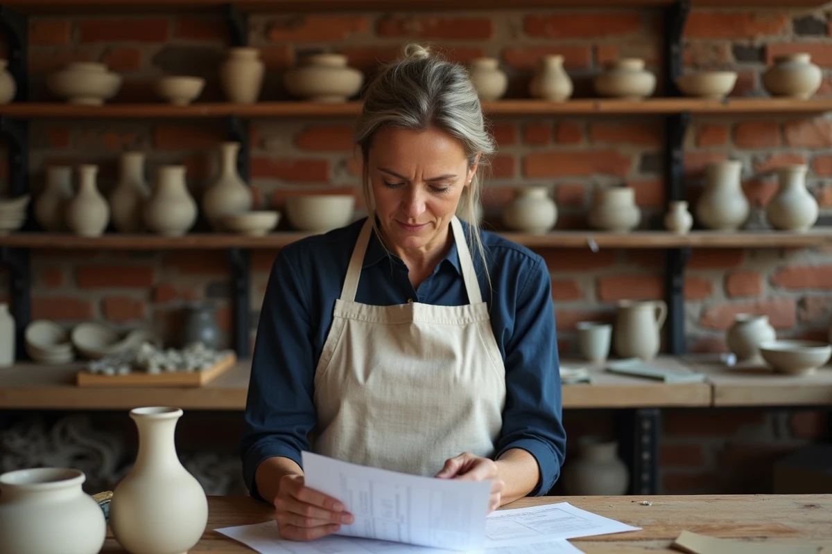 Artisane céramiste qui examine des documents financiers dans son atelier, illustrant la gestion bancaire professionnelle pour artisans