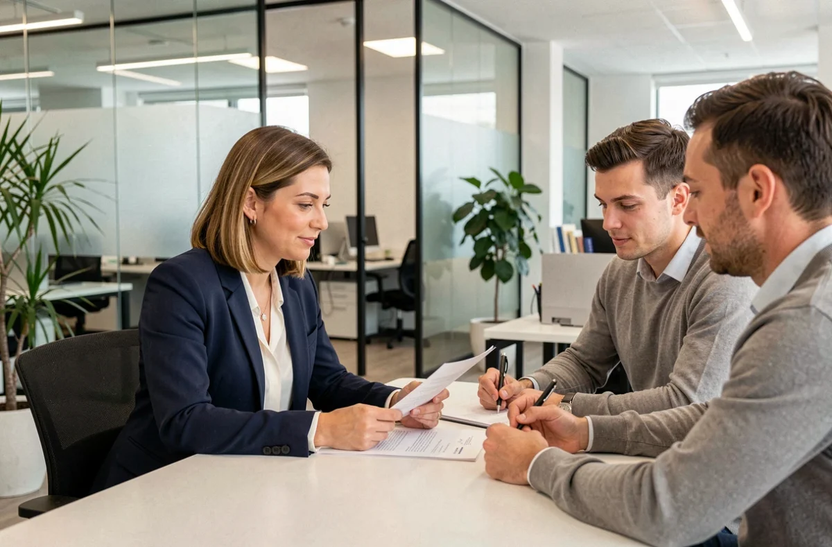 Conseillère ACM IARD SA expliquant les avantages d'un contrat d'assurance à un couple dans une agence moderne en 2026