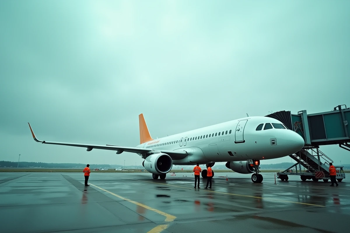 Avion Airbus A320 sur le tarmac avec équipe au sol, symbole de la solidité opérationnelle du groupe Airbus en bourse