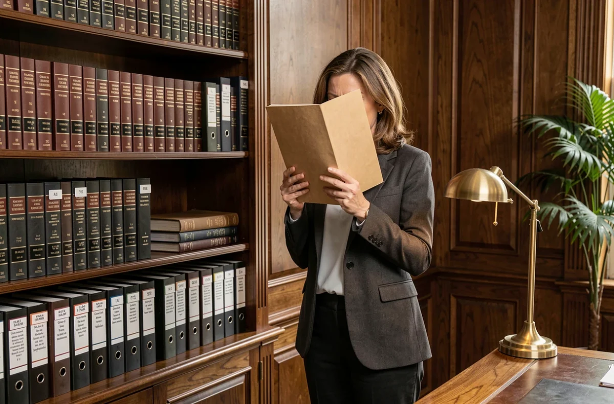Avocate spécialisée consultant des dossiers juridiques sur la confidentialité des dirigeants dans un cabinet professionnel