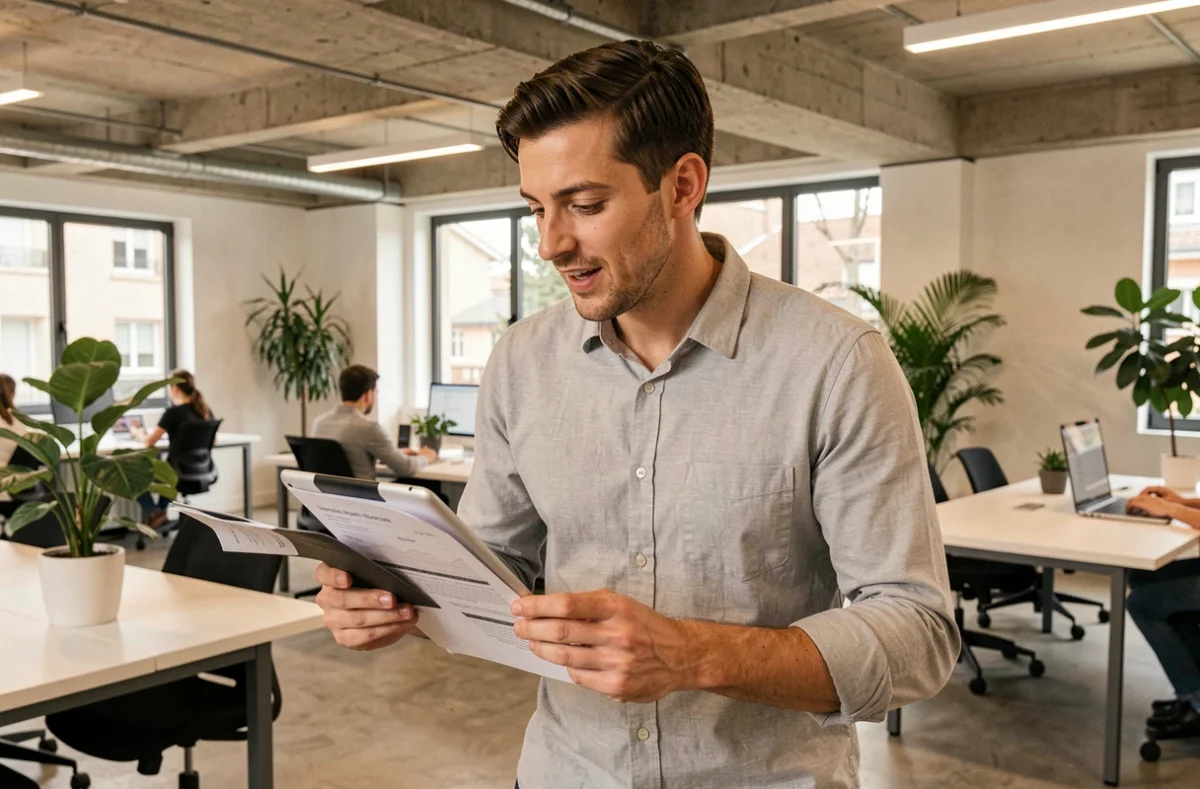 Conseiller d'Avoir Mon Prêt en déplacement rapide dans un espace de travail moderne à Toulouse, incarnant réactivité et proximité