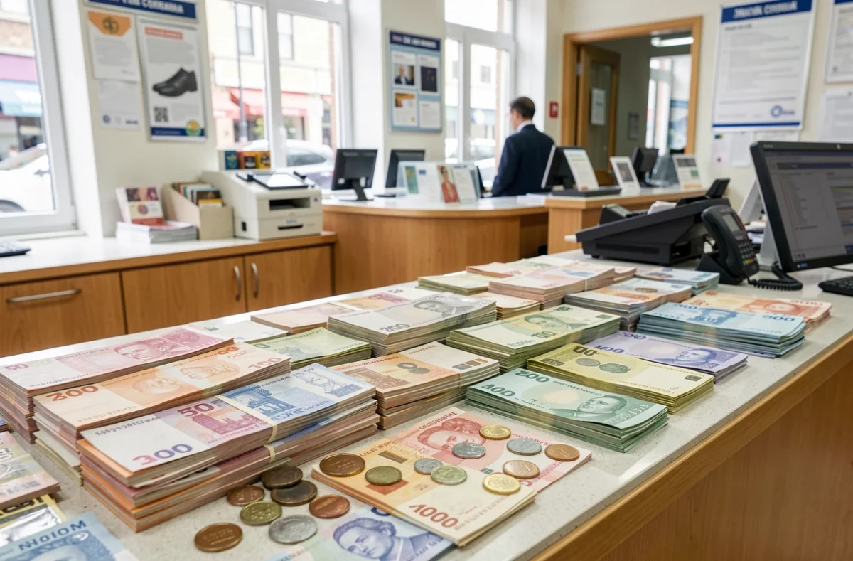 Billets étrangers et pièces posés sur un comptoir de bureau de change