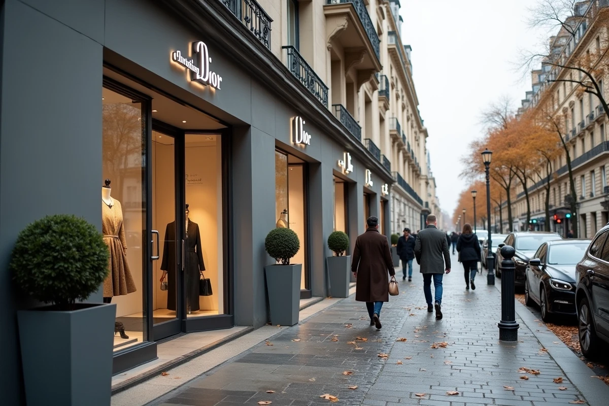Façade de la boutique Christian Dior sur l'Avenue Montaigne à Paris en automne