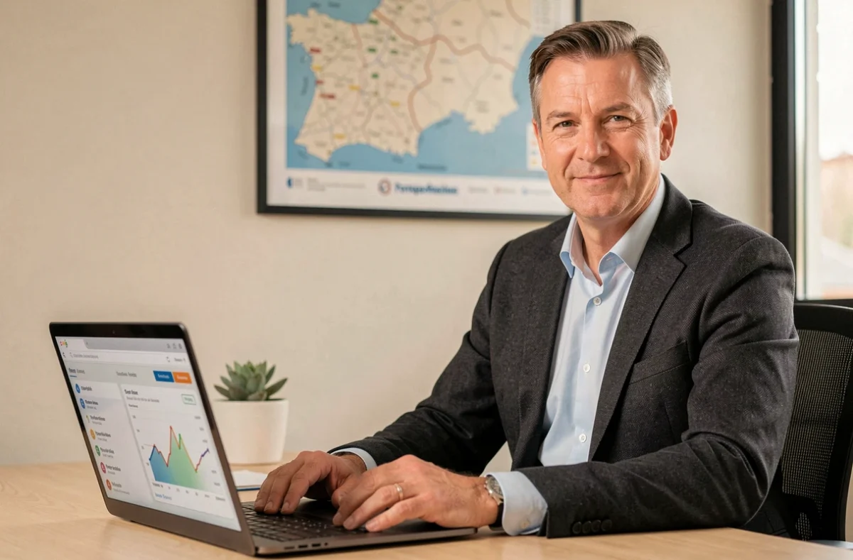 Courtier Bruno Meilhon devant son ordinateur dans un bureau avec carte des Pyrénées-Atlantiques