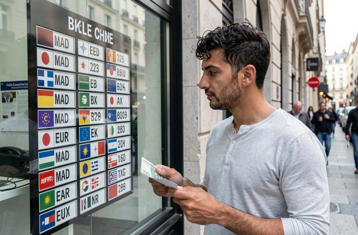 Jeune homme consultant les taux de change dirham euro affichés dans un bureau de change urbain