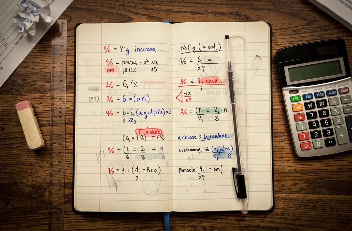 Vue aérienne d'un cahier de mathématiques ouvert avec des formules de taux d'évolution annotées en rouge et bleu