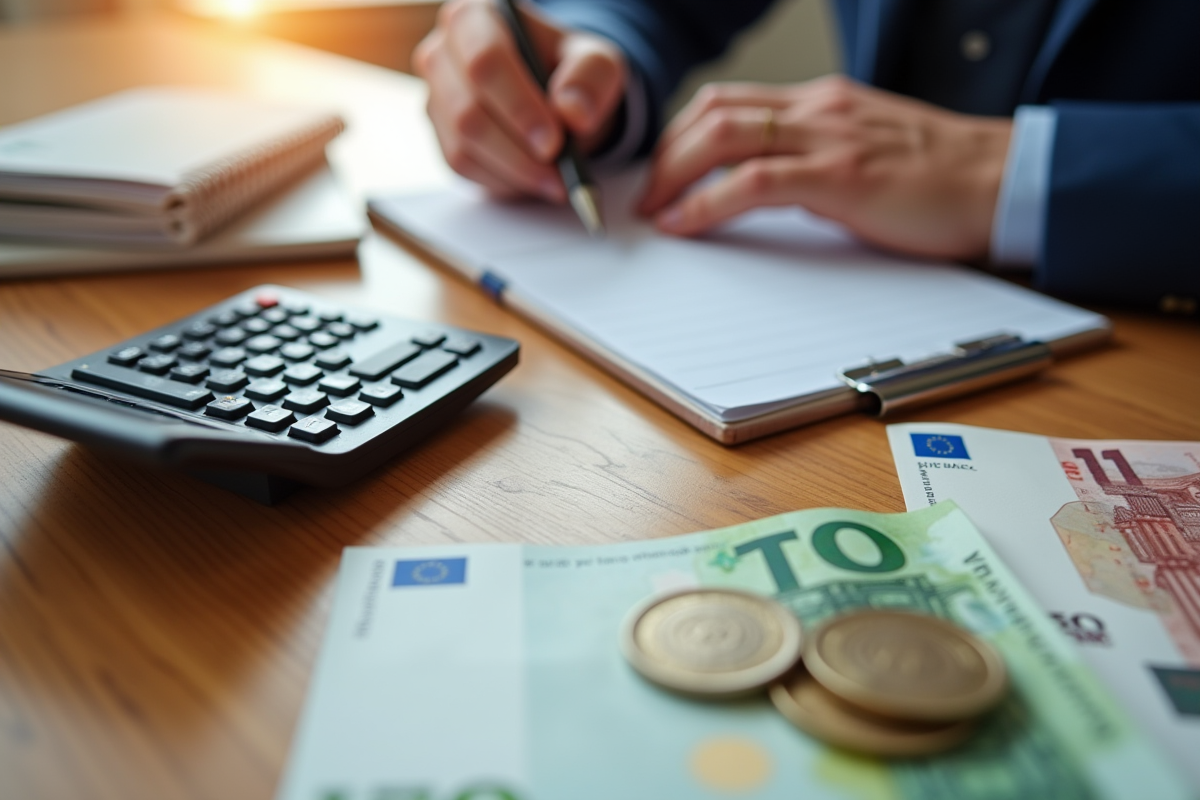 Mains utilisant calculatrice et carnet avec monnaie euro