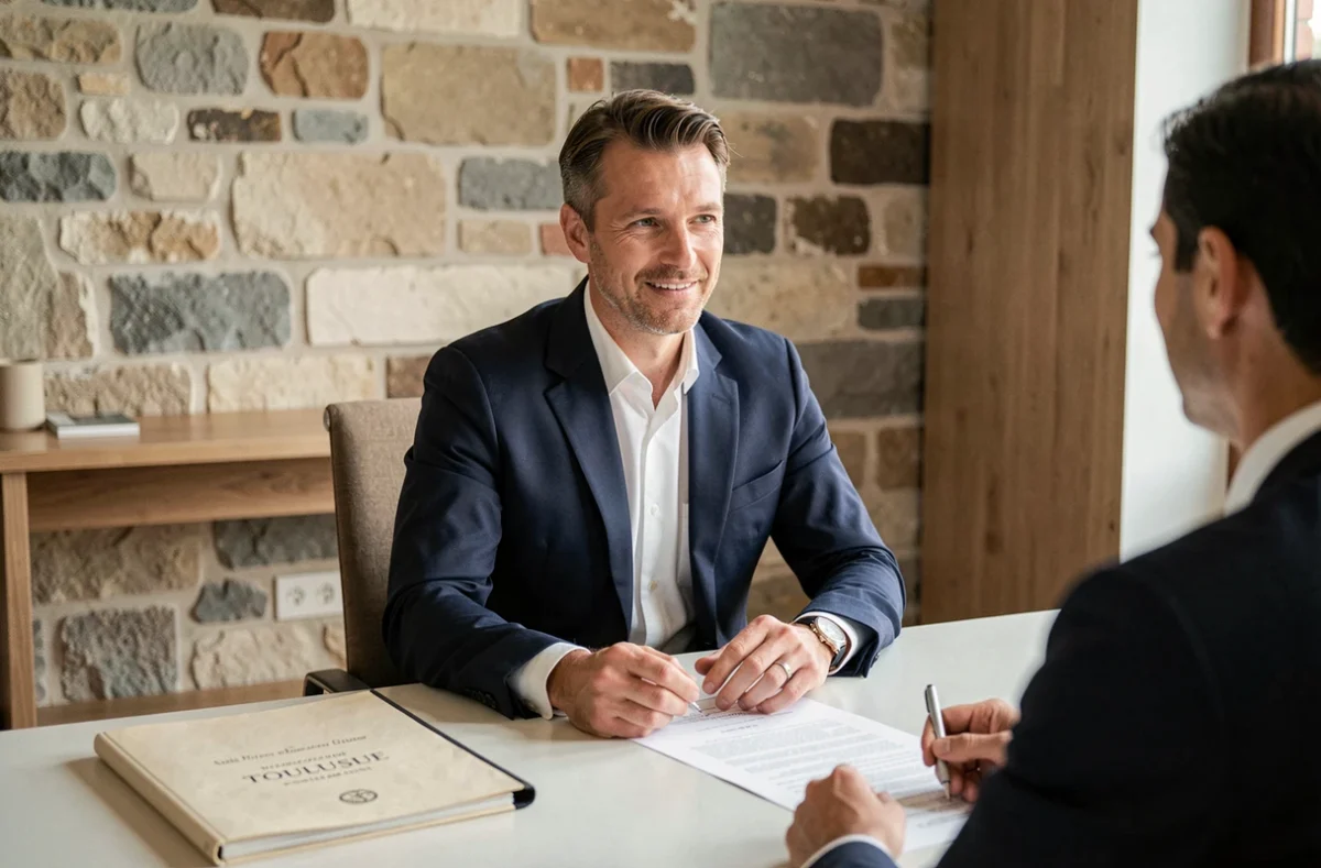 Conseiller du Centre du Patrimoine en réunion avec un client dans un bureau à Toulouse