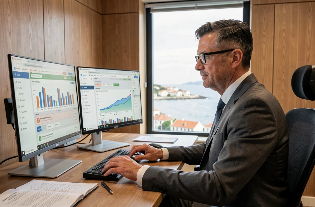 Courtier de CFP Courtage travaillant sur une simulation de rachat de crédit dans un bureau moderne en Bretagne