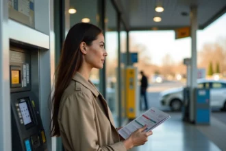 Femme tenant un carnet de chèques vacances devant une pompe à carburant dans une station-service en banlieue