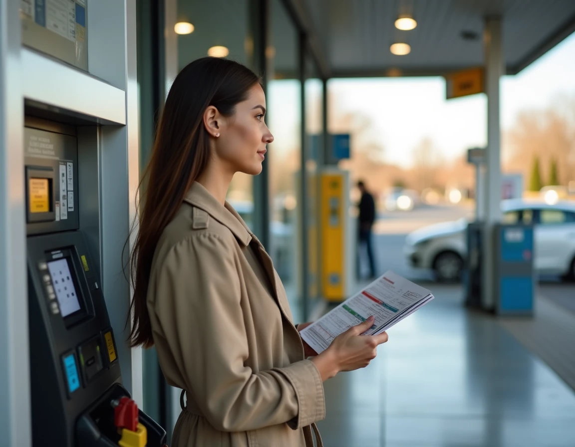 Femme tenant un carnet de chèques vacances devant une pompe à carburant dans une station-service en banlieue