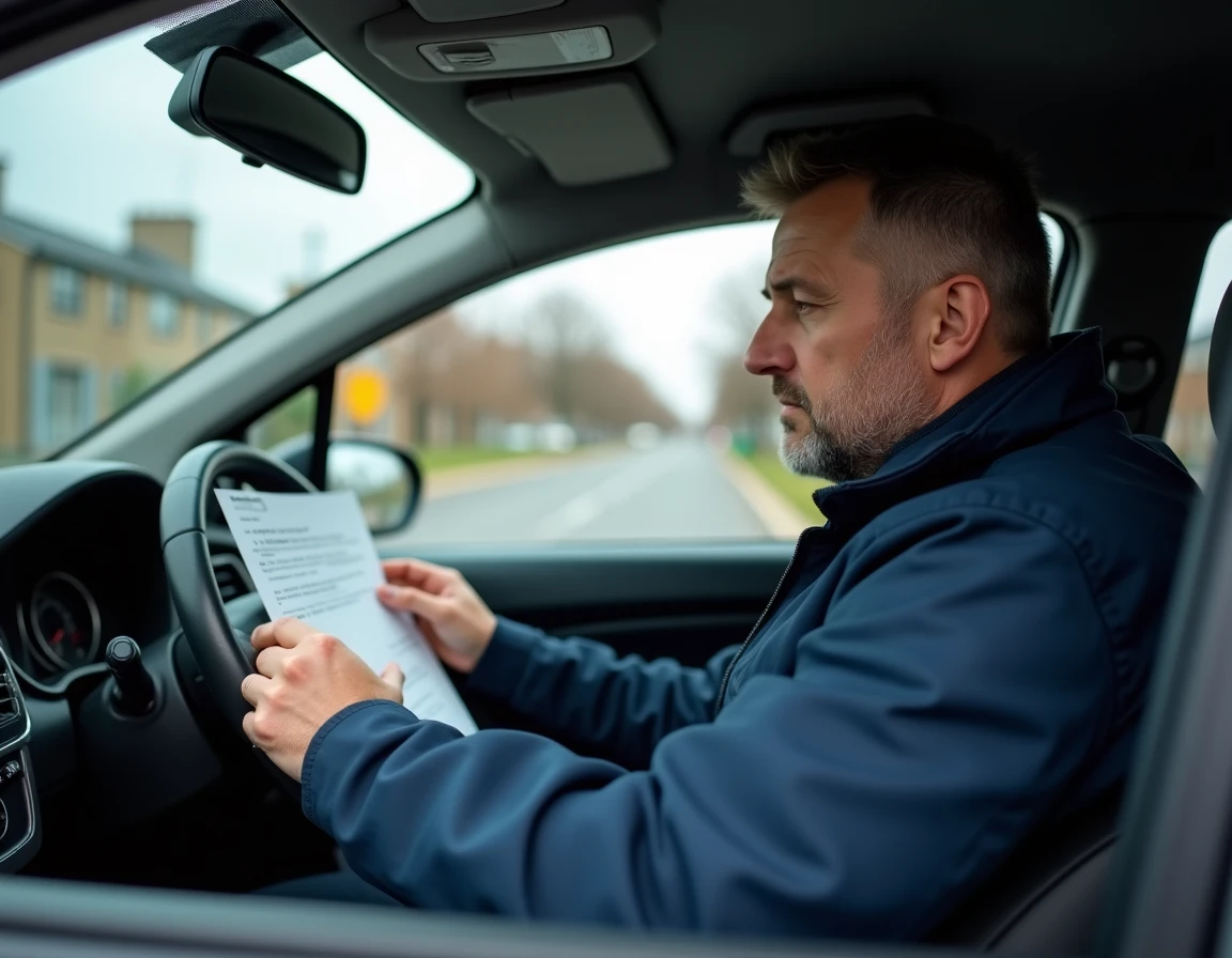 Homme consultant un document de chèques vacances dans sa voiture avant un trajet domicile-travail