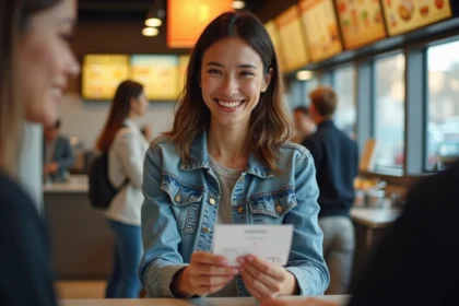 Femme remettant un Chèque Vacances à la caisse d'un restaurant McDonald's