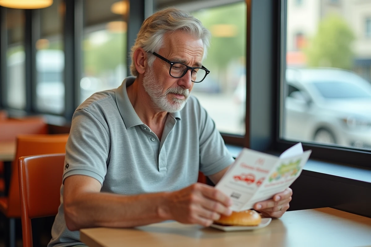 Homme consultant des Chèques Vacances dans un McDonald's avant de payer