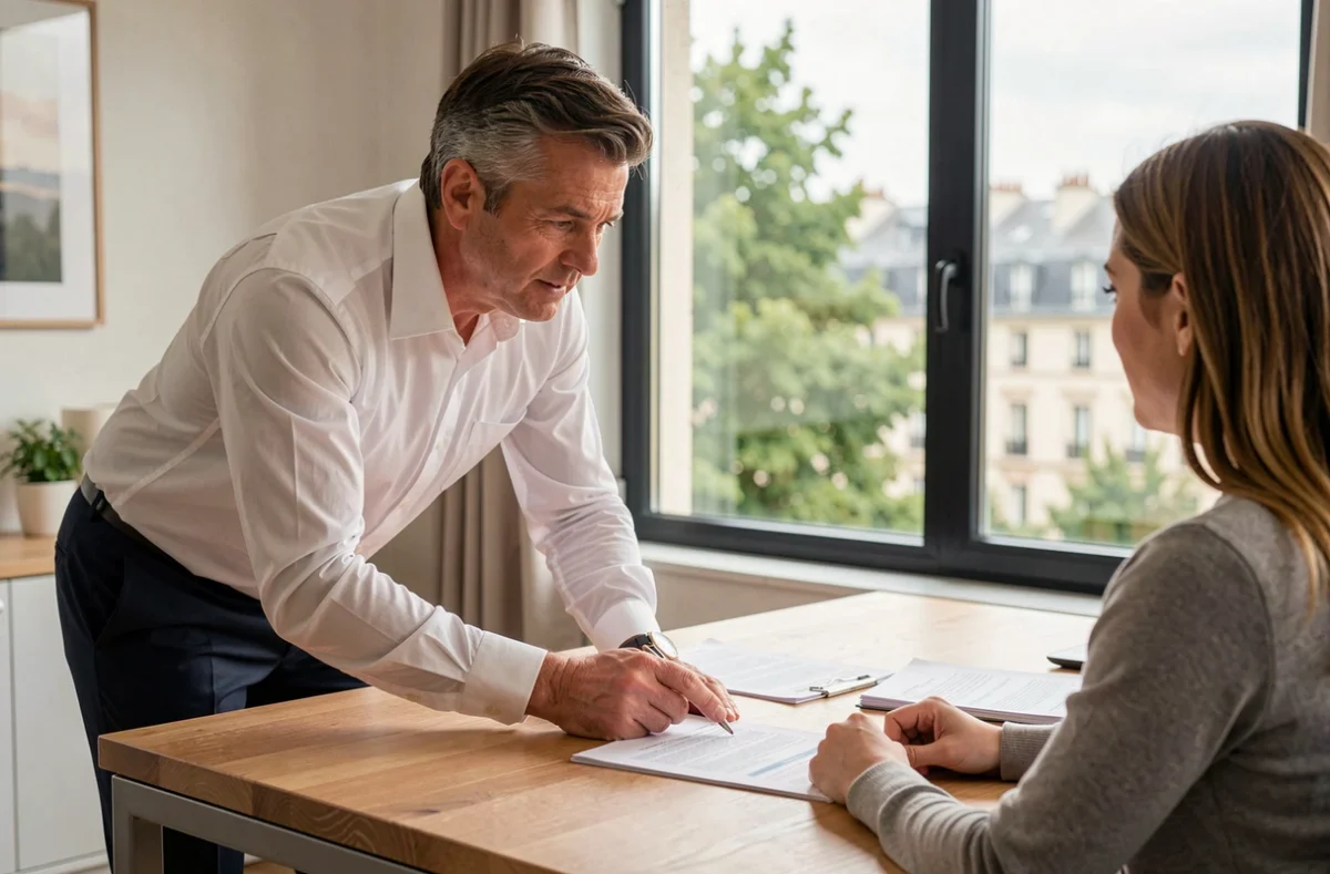 Courtier Christophe Mellerin expliquant un contrat d'assurance à une cliente dans son bureau à Pau