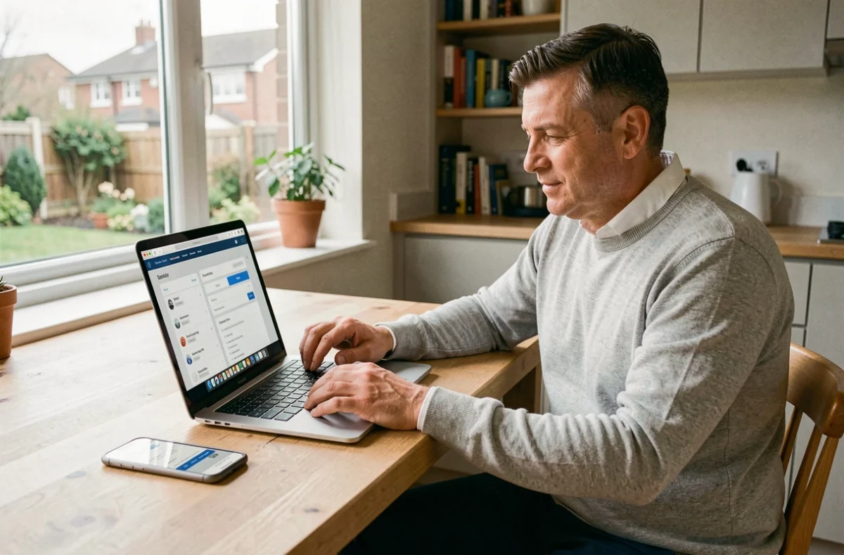 Client ACM IARD gérant ses garanties d'assurance en ligne depuis son domicile avec un ordinateur portable en 2026