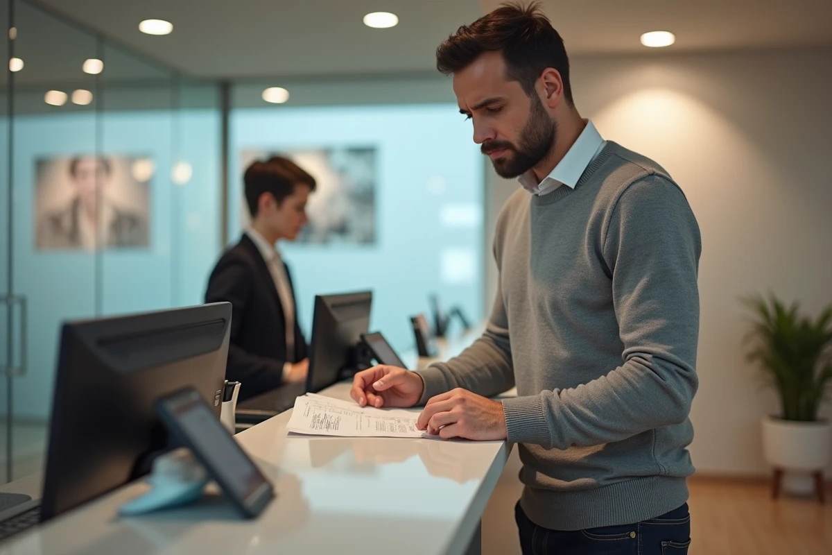 Client en agence bancaire discutant d'un incident de paiement et du dépassement de son découvert autorisé avec un conseiller