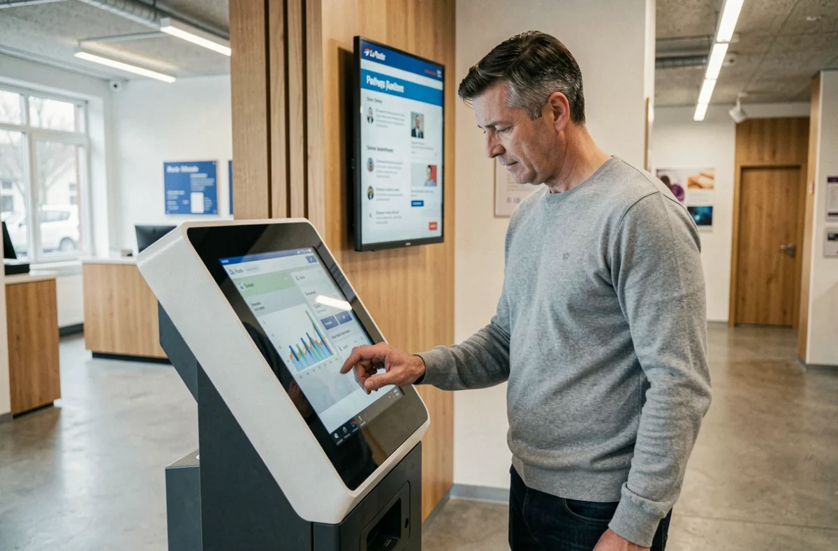 Un client utilise une borne numérique en libre-service dans une agence La Banque Postale rénovée