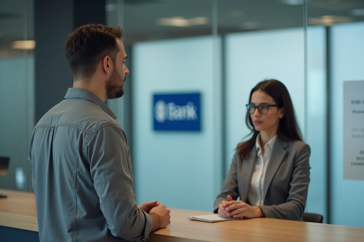 Client discutant des frais de clôture de compte avec un conseiller bancaire dans une agence moderne