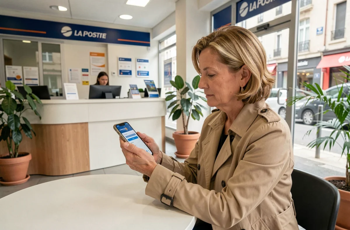 Une cliente consulte l'application mobile La Banque Postale dans une agence au design modernisé
