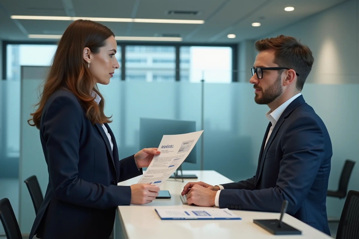 Cliente présentant une facture Free impayée à un conseiller bancaire pour résoudre un rejet de prélèvement