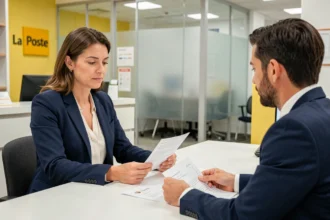 Une cliente discute avec un conseiller La Banque Postale dans une agence modernisée en 2026